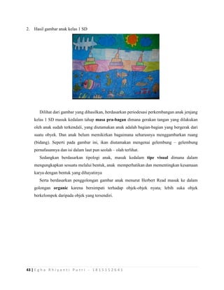 43 | E g h a R h i y a n t i P u t r i - 1 8 1 5 1 5 2 6 4 1
2. Hasil gambar anak kelas 1 SD
Dilihat dari gambar yang dihasilkan, berdasarkan periodesasi perkembangan anak jenjang
kelas 1 SD masuk kedalam tahap masa pra-bagan dimana gerakan tangan yang dilakukan
oleh anak sudah terkendali, yang diutamakan anak adalah bagian-bagian yang bergerak dari
suatu obyek. Dan anak belum memikirkan bagaimana seharusnya menggambarkan ruang
(bidang). Seperti pada gambar ini, ikan diutamakan mengenai gelembung – gelembung
pernafasannya dan isi dalam laut pun seolah – olah terlihat.
Sedangkan berdasarkan tipologi anak, masuk kedalam tipe visual dimana dalam
mengungkapkan sesuatu melalui bentuk, anak memperhatikan dan mementingkan kesamaan
karya dengan bentuk yang dihayatinya
Serta berdasarkan penggolongan gambar anak menurut Herbert Read masuk ke dalam
golongan organic karena bersimpati terhadap objek-objek nyata; lebih suka objek
berkelompok daripada objek yang tersendiri.
 