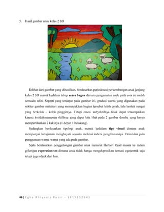 46 | E g h a R h i y a n t i P u t r i - 1 8 1 5 1 5 2 6 4 1
5. Hasil gambar anak kelas 2 SD
Dilihat dari gambar yang dihasilkan, berdasarkan periodesasi perkembangan anak jenjang
kelas 2 SD masuk kedalam tahap masa bagan dimana pengamatan anak pada usia ini sudah
semakin teliti. Seperti yang terdapat pada gambar ini, gradasi warna yang digunakan pada
sekitar gambar matahari yang menunjukkan bagian tersebut lebih cerah, lalu bentuk sungai
yang berkelok – kelok pinggirnya. Tetapi emosi subyektifnya tidak dapat tersampaikan
karena ketidakmampuan skillnya yang dapat kita lihat pada 2 gambar domba yang hanya
memperlihatkan 2 kakinya (1 depan 1 belakang).
Sedangkan berdasarkan tipologi anak, masuk kedalam tipe visual dimana anak
mempunyai ketajaman menghayati sesuatu melalui indera penglihatannya. Demikian pula
penggunaan warna-warna yang ada pada gambar.
Serta berdasarkan penggolongan gambar anak menurut Herbert Read masuk ke dalam
golongan expressionism dimana anak tidak hanya mengekpresikan sensasi egosentrik saja
tetapi juga objek dari luar.
 