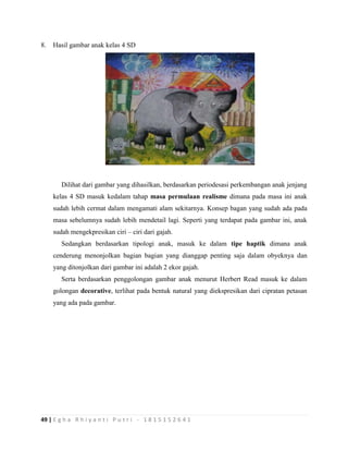 49 | E g h a R h i y a n t i P u t r i - 1 8 1 5 1 5 2 6 4 1
8. Hasil gambar anak kelas 4 SD
Dilihat dari gambar yang dihasilkan, berdasarkan periodesasi perkembangan anak jenjang
kelas 4 SD masuk kedalam tahap masa permulaan realisme dimana pada masa ini anak
sudah lebih cermat dalam mengamati alam sekitarnya. Konsep bagan yang sudah ada pada
masa sebelumnya sudah lebih mendetail lagi. Seperti yang terdapat pada gambar ini, anak
sudah mengekpresikan ciri – ciri dari gajah.
Sedangkan berdasarkan tipologi anak, masuk ke dalam tipe haptik dimana anak
cenderung menonjolkan bagian bagian yang dianggap penting saja dalam obyeknya dan
yang ditonjolkan dari gambar ini adalah 2 ekor gajah.
Serta berdasarkan penggolongan gambar anak menurut Herbert Read masuk ke dalam
golongan decorative, terlihat pada bentuk natural yang diekspresikan dari cipratan petasan
yang ada pada gambar.
 