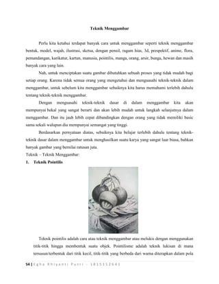54 | E g h a R h i y a n t i P u t r i - 1 8 1 5 1 5 2 6 4 1
Teknik Menggambar
Perlu kita ketahui terdapat banyak cara untuk menggambar seperti teknik menggambar
bentuk, model, wajah, ilustrasi, sketsa, dengan pensil, ragam hias, 3d, prespektif, anime, flora,
pemandangan, karikatur, kartun, manusia, pointilis, manga, orang, arsir, bunga, hewan dan masih
banyak cara yang lain.
Nah, untuk menciptakan suatu gambar dibutuhkan sebuah proses yang tidak mudah bagi
setiap orang. Karena tidak semua orang yang mengetahui dan menguasahi teknik-teknik dalam
menggambar, untuk sebelum kita menggambar sebaiknya kita harus memahami terlebih dahulu
tentang teknik-teknik menggambar.
Dengan menguasahi teknik-teknik dasar di dalam menggambar kita akan
mempunyai bekal yang sangat berarti dan akan lebih mudah untuk langkah selanjutnya dalam
menggambar. Dan itu jauh lebih cepat dibandingkan dengan orang yang tidak memiliki basic
sama sekali walupun dia mempunyai semangat yang tinggi.
Berdasarkan pernyataan diatas, sebaiknya kita belajar terlebih dahulu tentang teknik-
teknik dasar dalam menggambar untuk menghasilkan suatu karya yang sangat luar biasa, bahkan
banyak gambar yang bernilai ratusan juta.
Teknik – Teknik Menggambar:
1. Teknik Pointilis
Teknik pointilis adalah cara atau teknik menggambar atau melukis dengan menggunakan
titik-titik hingga membentuk suatu objek. Pointilisme adalah teknik lukisan di mana
tersusun/terbentuk dari titik kecil, titik-titik yang berbeda dari warna diterapkan dalam pola
 