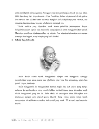 55 | E g h a R h i y a n t i P u t r i - 1 8 1 5 1 5 2 6 4 1
untuk membentuk sebuah gambar. Georges Seurat mengembangkan teknik ini pada tahun
1886, bercabang dari Impresionisme . Para Pointillism Istilah ini pertama kali diciptakan
oleh kritikus seni di akhir 1880-an untuk mengolok-olok karya-karya para seniman, dan
sekarang digunakan tanpa konotasi sebelumnya mengejek nya.
Teknik melukis yang digunakan untuk warna pointillist pencampuran dengan
mengorbankan dari sapuan kuas tradisional yang digunakan untuk menggambarkan tekstur.
Mayoritas pointilisme dilakukan dalam cat minyak. Apa saja dapat digunakan sebenarnya,
misalnya drawing pen, tetapi minyak yang lebih disukai.
2. Teknik Dussel (Gosok)
Teknik dussel adalah teknik menggambar dengan cara menggosok sehingga
menimbulkan kesan gelap-terang atau tebal-tipis. Alat yang bisa digunakan, antara lain
pensil, krayon, dan konte.
Teknik menggambar ini menggunakan bantuan kapas atau alat khusus yang berupa
gulungan kertas (bentuknya mirip pensil), bahkan jari-jari kitapun dapat digunakan untuk
teknik menggambar yang satu ini. Pada teknik ini stroke/garis akan dihilangkan atau
dihaluskan dengan cara digosok-gosok (dusel). Yang paling cocok untuk teknik
menggambar ini adalah menggunakan jenis pensil yang lunak ( 2B ke atas) atau konte dan
krayon.
 