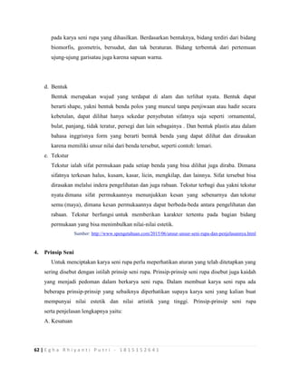 62 | E g h a R h i y a n t i P u t r i - 1 8 1 5 1 5 2 6 4 1
pada karya seni rupa yang dihasilkan. Berdasarkan bentuknya, bidang terdiri dari bidang
biomorfis, geometris, bersudut, dan tak beraturan. Bidang terbentuk dari pertemuan
ujung-ujung garisatau juga karena sapuan warna.
d. Bentuk
Bentuk merupakan wujud yang terdapat di alam dan terlihat nyata. Bentuk dapat
berarti shape, yakni bentuk benda polos yang muncul tanpa penjiwaan atau hadir secara
kebetulan, dapat dilihat hanya sekedar penyebutan sifatnya saja seperti :ornamental,
bulat, panjang, tidak teratur, persegi dan lain sebagainya . Dan bentuk plastis atau dalam
bahasa inggrisnya form yang berarti bentuk benda yang dapat dilihat dan dirasakan
karena memiliki unsur nilai dari benda tersebut, seperti contoh: lemari.
e. Tekstur
Tekstur ialah sifat permukaan pada setiap benda yang bisa dilihat juga diraba. Dimana
sifatnya terkesan halus, kusam, kasar, licin, mengkilap, dan lainnya. Sifat tersebut bisa
dirasakan melalui indera pengelihatan dan juga rabaan. Tekstur terbagi dua yakni tekstur
nyata dimana sifat permukaannya menunjukkan kesan yang sebenarnya dan tekstur
semu (maya), dimana kesan permukaannya dapat berbeda-beda antara pengelihatan dan
rabaan. Tekstur berfungsi untuk memberikan karakter tertentu pada bagian bidang
permukaan yang bisa menimbulkan nilai-nilai estetik.
Sumber: http://www.spengetahuan.com/2015/06/unsur-unsur-seni-rupa-dan-penjelasannya.html
4. Prinsip Seni
Untuk menciptakan karya seni rupa perlu meperhatikan aturan yang telah ditetapkan yang
sering disebut dengan istilah prinsip seni rupa. Prinsip-prinsip seni rupa disebut juga kaidah
yang menjadi pedoman dalam berkarya seni rupa. Dalam membuat karya seni rupa ada
beberapa prinsip-prinsip yang sebaiknya diperhatikan supaya karya seni yang kalian buat
mempunyai nilai estetik dan nilai artistik yang tinggi. Prinsip-prinsip seni rupa
serta penjelasan lengkapnya yaitu:
A. Kesatuan
 