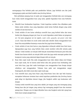70 | E g h a R h i y a n t i P u t r i - 1 8 1 5 1 5 2 6 4 1
memegangnya bisa berbeda pada saat pendetailan lukisan, juga berbeda cara dan jarak
memegangnya pada saat detail terakhir atau finishing lukisan.
Dari perbedaan panjang kuas ini pada saat menggunakan berbeda-beda cara memegang
kuas walau masih menggunakan kuas yang sama, apakah digunakan lurus atau berkelok-
kelok.
a. Memilih kuas berdasarkan keperluan. Untuk keperluan melukis bisa dibedakan pada
bahan untuk melukis, kuas yang digunakan untuk kertas berbeda dengan yang untuk
melukis di atas kain kanvas.
b. Untuk melukis di atas kertas sebaiknya memilih kuas yang berbulu halus dan terasa
lembut jika dipegang dengan jari, kuas ini cocok digunakan untuk bahan cat pengencer
air. Cat jenis pengencer air ini seperti, water color, gouache, cat poster color dan
acrylic. Kuas dan bahan ini cocok untuk anak-anak sekolah. Kalau menggunakan kuas
kasar bisa menyebabkan buramnya warna dan bisa juga kertas berlubang.
c. Untuk melukis di atas kain kanvas yang digunakan terbanyak adalah kuas bulu kasar,
dipergunakan juga kuas yang berbulu halus untuk memberi efek-efek tertentu pada
lukisan. Untuk melukis cat minyak lebih banyak memerlukan bermacam jenis bulu dan
bentuk kuas karena teknik cat minyak lebih rumit dan juga untuk mencapai gradasi dan
komposisi warna yang maksimal dapat dicapai oleh cat minyak.
d. Kuas lukis cepat rusak Jika anda menggunakan kuas lukis dalam tahap awal belajar
kuas cepat rusak, hal ini karena anda belum tahu alur goresan kuas berbanding arah
serat bulu kuas, juga dari sudut kemiringan cara menggunakan kuas berapa derajat
sebaiknya saat menggunakan. Tekanan kuas pada saat menggunakan sangat
berpengaruh, jika tidak sesuai akan cepat rusak juga.
e. Cara memilih kuas yang lurus Kuas yang benar-benar lurus dan rapi bulu kuasnya
merupakan keharusan terutama kuas untuk keperluan pendetailan dan finishing karena
pada tahap ini diperlukan akurasi tinggi, jika bengkok sedikit saja keakuratan sulit
dicapai.
Caranya untuk memilih kuas yang lurus adalah, jari tangan yang satu memegang ujung
batang kuas dan jari tangan yang satunya lagi memegang pangkal kuas dan memutar
patang kuas. Dengan cara ini dapat diketahui lurus atau bengkok mulai dari ujung kuas
(bulu kuas) sampai pangkal kuas.
 