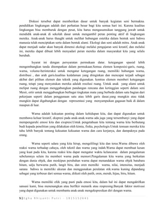 5 | E g h a R h i y a n t i P u t r i - 1 8 1 5 1 5 2 6 4 1
Diskusi tersebut dapat memberikan dasar untuk banyak kegiatan seni bermakna.
pendidikan lingkungan adalah dari perhatian besar bagi kita semua hari ini. Karena kualitas
lingkungan bisa memburuk dengan pesat, kita harus mengasumsikan tanggung jawab untuk
mendidik anak-anak di sekolah dasar untuk mengambil peran penting aktif di lingkungan
mereka. Anak-anak harus thaught untuk melihat hubungan estetika dalam bentuk seni bahwa
manusia telah menciptakan serta dalam bentuk alami. Ekologi dan seni adalah mitra. Anak-anak
dapat menjadi sadar akan banyak dimensi ekologi melalui pengajaran seni kreatif, dan melalui
ini, mereka dapat dibuat lebih menyadari peran mereka dalam masyarakat kita yang selalu
berubah.
Isyarat ini dengan persyaratan permukaan datar. ketegangan spasial lebih
mengembangkan tanda ditempatkan dalam permukaan.Semua elemen komposisi-garis, ruang,
warna, volume-berinteraksi untuk mengatur ketegangan ruang, memiliki hubungan warna,
distribusi , dan arah garis.kualitas kedalaman yang diinginkan dan mencapai terjadi sebagai
akibat dari pilihan elemen dan teknik yang digunakan. kontras elemen memberi ketegangan
ruang, tetapi yang menyatukan mereka adalah resolusi ruang. Untuk anak yang alami untuk
melipat ruang dengan menggabungkan pandangan rencana dan ketinggian seperti dalam seni
Mesir, ortir untuk menggabungkan berbagai tingkatan mata yang berbeda dalam satu bagian dari
pekerjaan seperti dalam penggunaan satu atau lebih garis dasar,yang mungkin atau tidak
mungkin dapat digabungkan dengan representasi yang menyampaikan gagasan baik di dalam
maupun di luar.
Warna adalah kekuatan penting dalam kehidupan kita, dan dapat digunakan untuk
membawa keluar kreatif, ekspresi pada anak-anak.warna ada juga yang tersembunyi yang dapat
mempengaruhi emosi kita dan exspresi.Untuk pengetahuan kita tentang warna kita berhutang
budi kepada penelitian yang dilakukan oleh kimia, fisika, psychologis.Untuk temuan mereka kita
tahu lebih banyak tentang kekuatan kekuatan warna dan cara kerjanya, dan dampaknya pada
orang.
Warna seperti udara yang kita hirup, mengelilingi kita dan terus.Warna dibawa oleh
reaksi warna terhadap cahaya, oleh tekstil dan warna yang indah.Warna dapat membuat kesan
yang kuat pada kita, karena reaksi kita dapat mengatur waktu kelancaran dalam pengalaman
sebelumnya selain itu memberi warna pada memori.Pengalaman kita warna yang berkaitan
dengan dunia objek, dan meskipun perubahan warna dapat menandakan warna objek batubara
hitam, salju berwarna putih, langit biru, dan oren memilki warna, nilai, intensitas, menjadi
sarana bahwa ia memiliki ukuran dan menggunakan peralatan stik.warna kuning dipandang
sebagai yang terbesar dari semua warna, diikuti oleh putih, oren, merah, hijau, biru, hitam.
Warna memiliki efek yang pasti pada emosi kita, dalam hal ini dapat mengaktifkan
sansasi kami, bisa menenangkan atau berfikir menarik atau respresing.Banyak faktor motivasi
yang dapat digunakan untuk membantu anak-anak mengekspresikan diri dengan warna.
 