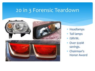 20 in 3 Forensic Teardown
 Headlamps
 Tail lamps
 ISRVM.
 Over $20M
savings.
 Chairman’s
Honor Award
 