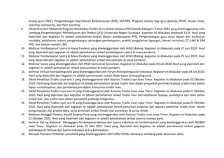 kinerja guru (PKG), Pengembangan Keprofesian Berkelanjutan (PKB), SKP/PPK, Program induksi bagi guru pemula (PIGP), lesson study,
Learning community, dan Peer teaching.
9. Diklat Orientasi Akademik Program Pendidikan Profesi Guru Dalam Jabatan (PPG Daljab) Kategori I Tahun 2022 yang diselenggarakan oleh
Lembaga Pengembangan, Pembelajaran dan Profesi (LP3) Universitas Negeri Surabaya. Kegiatan ini dilakukan sebanyak 13 JP. Hasil yang
diperoleh dari kegiatan ini adalah pemahaman terkait desain pembelajaran PPG, Pengembangan guru masa depan dan kurikulum
merdeka, pedalaman materi, pengembangan perangkat pembelajaran, praktik pengalaman lapangan, literasi nemerasi, CT, LMS & SIM
PPG, dan belajar mandiri LMS.
10. Webinar Pembelajaran Sastra di Masa Pandemi yang diselenggarakan oleh HISKI Malang. Kegiatan ini dilakukan pada 17 Juni 2020. Hasil
yang diperoleh dari kegiatan ini adalah pemahaman terkait pembelajaran sastra di masa pandemi.
11. Webinar Pembelajaran Sastra di Masa Pandemi yang diselenggarakan oleh HISKI Malang. Kegiatan ini dilakukan pada 25 Juni 2020. Hasil
yang diperoleh dari kegiatan ini adalah pemahaman terkait kesusastraan di masa pandemi.
12. Webinar Sastra yang diselenggarakan oleh HISKI Komisariat Gorontalo. Kegiatan ini dilakukan pada 03 Juli 2020. Hasil yang diperoleh dari
kegiatan ini adalah pemahaman terkait kesusastraan di masa pandemi.
13. Seminar Viritual Antropolinguistik yang diselenggarakan oleh Forum Antropolinguistik Indonesia. Kegiatan ini dilakukan pada 04 Juli 2020.
Hasil yang diperoleh dari kegiatan ini adalah pemahaman terkait objek kajian Antropolinguistik.
14. Diklat Penelitian Tradisi Lisan sesi II yang diselenggarakan oleh Asosiasi Tradisi Lisan Jawa Timur. Kegiatan ini dilakukan pada 10 Oktober
2020. Hasil yang diperoleh dari kegiatan ini adalah pemahaman terkait tradisi lisan dalam prespektif peristiwa budaya, tradisi lisan dalam
kajian multidisipliner, dan pemberdayaan dalam komunitas tradisi lisan.
15. Diklat Penelitian Tradisi Lisan sesi III yang diselenggarakan oleh Asosiasi Tradisi Lisan Jawa Timur. Kegiatan ini dilakukan pada 17 Oktober
2020. Hasil yang diperoleh dari kegiatan ini adalah pemahaman terkait tradisi lisan dan ketahanan budaya, paradigma dan teori dalam
tradisi lsan, dan tradisi lisan dalam perspektif psikologi indigenous.
16. Diklat Penelitian Tradisi Lisan sesi IV yang diselenggarakan oleh Asosiasi Tradisi Lisan Jawa Timur. Kegiatan ini dilakukan pada 24 Oktober
2020. Hasil yang diperoleh dari kegiatan ini adalah pemahaman terkait penulisan proposal dan laporan penelitian tradisi lisan, teknik
pengumpulan dan analisis data, serta penulisan artikel ilmiah hasil penelitian di jurnal ilmiah.
17. Webinar Menggali Potensi Kreatif Budaya Panji yang diselenggarakan oleh Asosiasi Tradisi Lisan Jawa Timur. Kegiatan ini dilakukan pada
22 Oktober 2020. Hasil yang diperoleh dari kegiatan ini adalah pemahaman terkait potensi budaya panji.
18. Seminar Daring Nasional : Menggagas Pembelajaran Bahasa dan Sastra Indonesia di Era Kelimpahan yang diselenggarakan oleh ADOBSI
Jawa Timur. Kegiatan ini dilakukan pada 01 Mei 2021. Hasil yang diperoleh dari kegiatan ini adalah pemahaman terkait gagasan
pembelajaran Bahasa dan Sastra Indonesia di Era Kelimpahan.
19. Menjadi Pemateri Pelatihan jurnalistik yang diselenggarakan oleh IPNU-IPPNU Denanyar Jombang pada 14 Januari 2022.
 