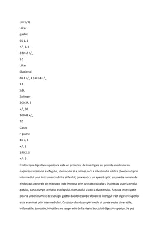 (mEq/ l)
Ulcer
gastric
60 1, 2
+/_ 1, 5
240 14 +/_
10
Ulcer
duodenal
80 4 +/_ 4 330 34 +/_
13
Sdr.
Zollinger
200 34, 5
+/_ 30
360 47 +/_
20
Cance
r gastric
45 0, 3
+/_ 1
240 2, 5
+/_ 5
Endoscopia digestiva superioara este un procedeu de investigare ce permite medicului sa
exploreze interiorul esofagului, stomacului si a primei parti a intestinului subtire (duodenul) prin
intermediul unui instrument subtire si flexibil, prevazut cu un aparat optic, ce poarta numele de
endoscop. Acest tip de endoscop este introdus prin cavitatea bucala si inainteaza usor la nivelul
gatului, pana ajunge la nivelul esofagului, stomacului si apoi a duodenului. Aceasta investigatie
poarta uneori numele de esofago-gastro-duodenoscopie deoarece intregul tract digestiv superior
este examinat prin intermediul ei. Cu ajutorul endoscopiei medic ul poate vedea ulceratiile,
inflamatiile, tumorile, infectiile sau sangerarile de la nivelul tractului digestiv superior. Se pot
 
