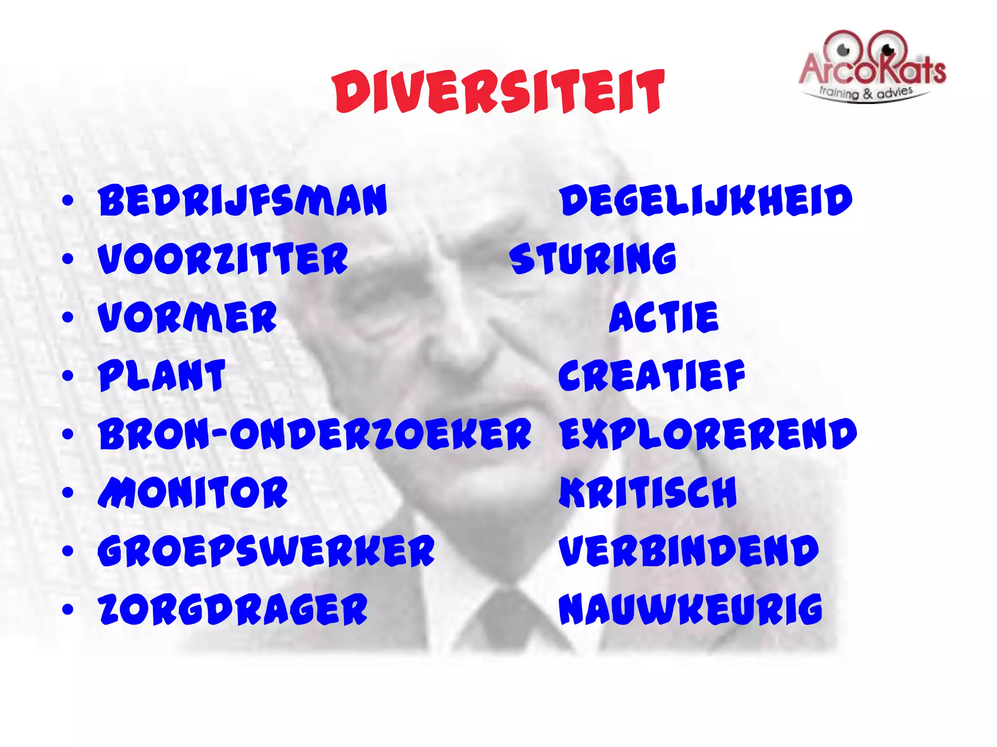 Diversiteit
•   Bedrijfsman      Degelijkheid
•   Voorzitter     Sturing
•   Vormer             Actie
•   Plant            Creatief
•   Bron-onderzoeker Explorerend
•   Monitor          Kritisch
•   Groepswerker     Verbindend
•   Zorgdrager       Nauwkeurig
 