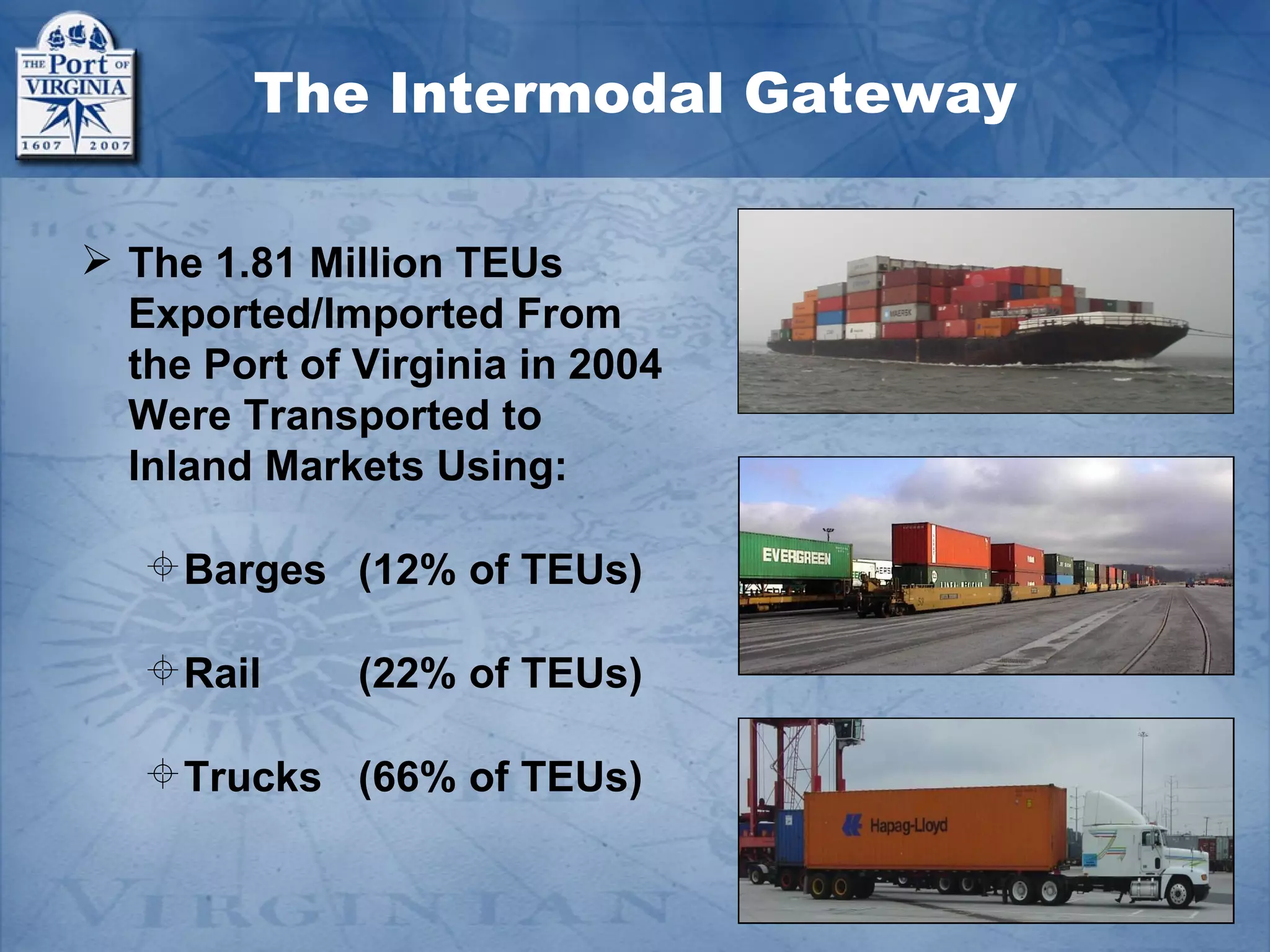 The Intermodal Gateway

 The 1.81 Million TEUs
  Exported/Imported From
  the Port of Virginia in 2004
  Were Transported to
  Inland Markets Using:

    Barges (12% of TEUs)

    Rail     (22% of TEUs)

    Trucks (66% of TEUs)
 