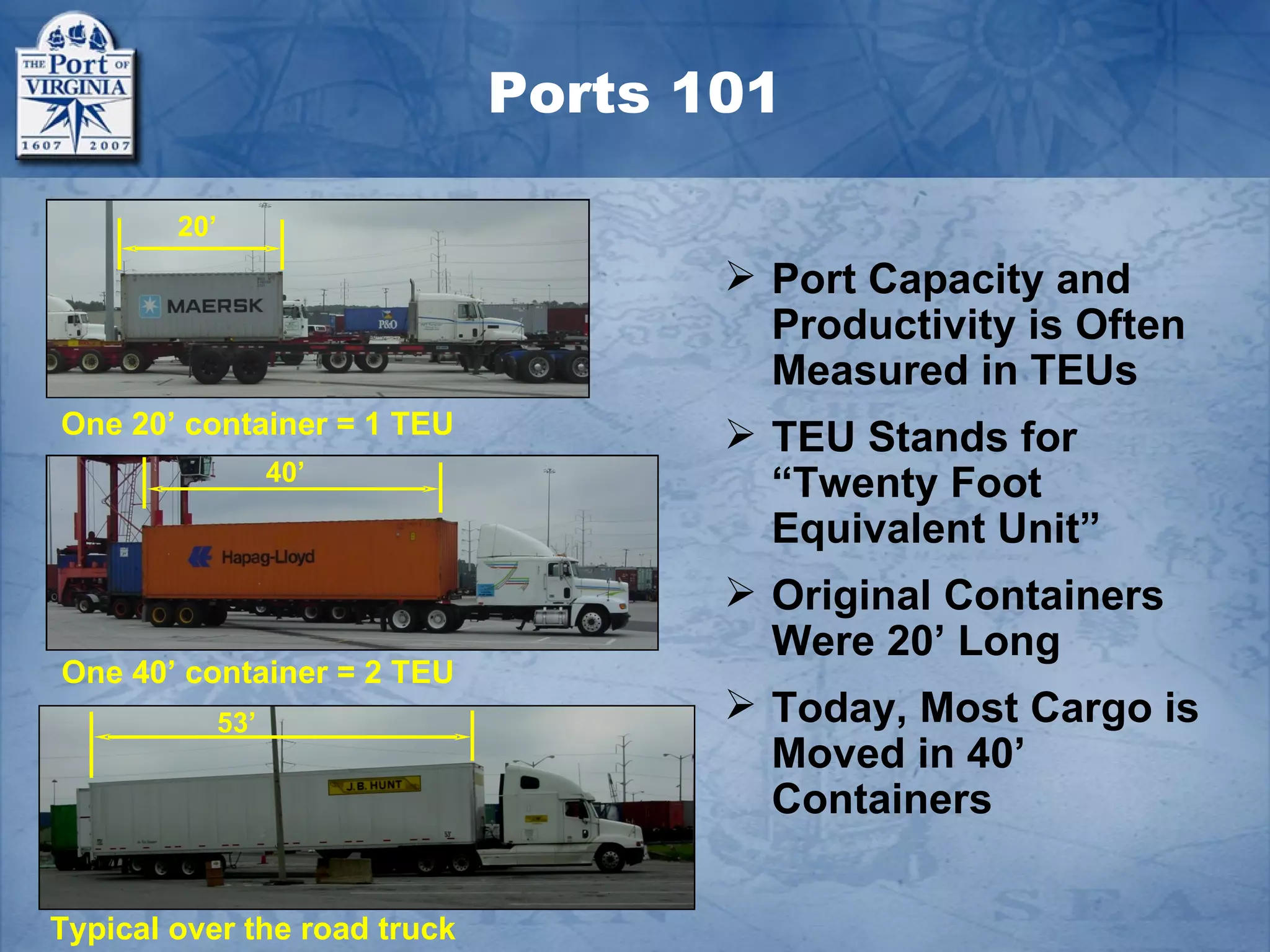 Ports 101

        20’
                                      Port Capacity and
                                       Productivity is Often
                                       Measured in TEUs
One 20’ container = 1 TEU             TEU Stands for
                    40’
                                       “Twenty Foot
                                       Equivalent Unit”
                                      Original Containers
                                       Were 20’ Long
One 40’ container = 2 TEU
              53’                     Today, Most Cargo is
                                       Moved in 40’
                                       Containers

Typical over the road truck
 