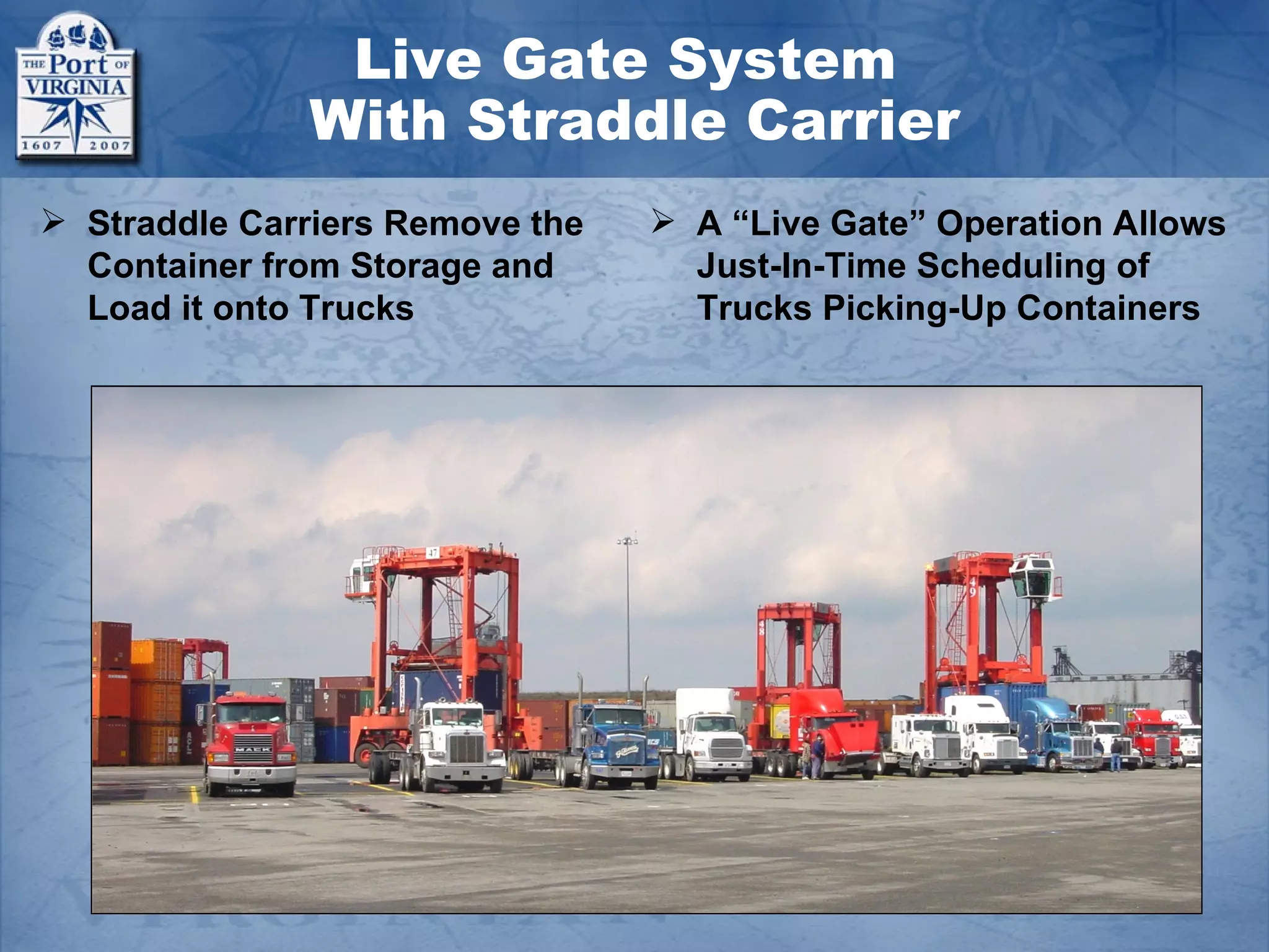 Live Gate System
              With Straddle Carrier
 Straddle Carriers Remove the    A “Live Gate” Operation Allows
  Container from Storage and       Just-In-Time Scheduling of
  Load it onto Trucks              Trucks Picking-Up Containers
 