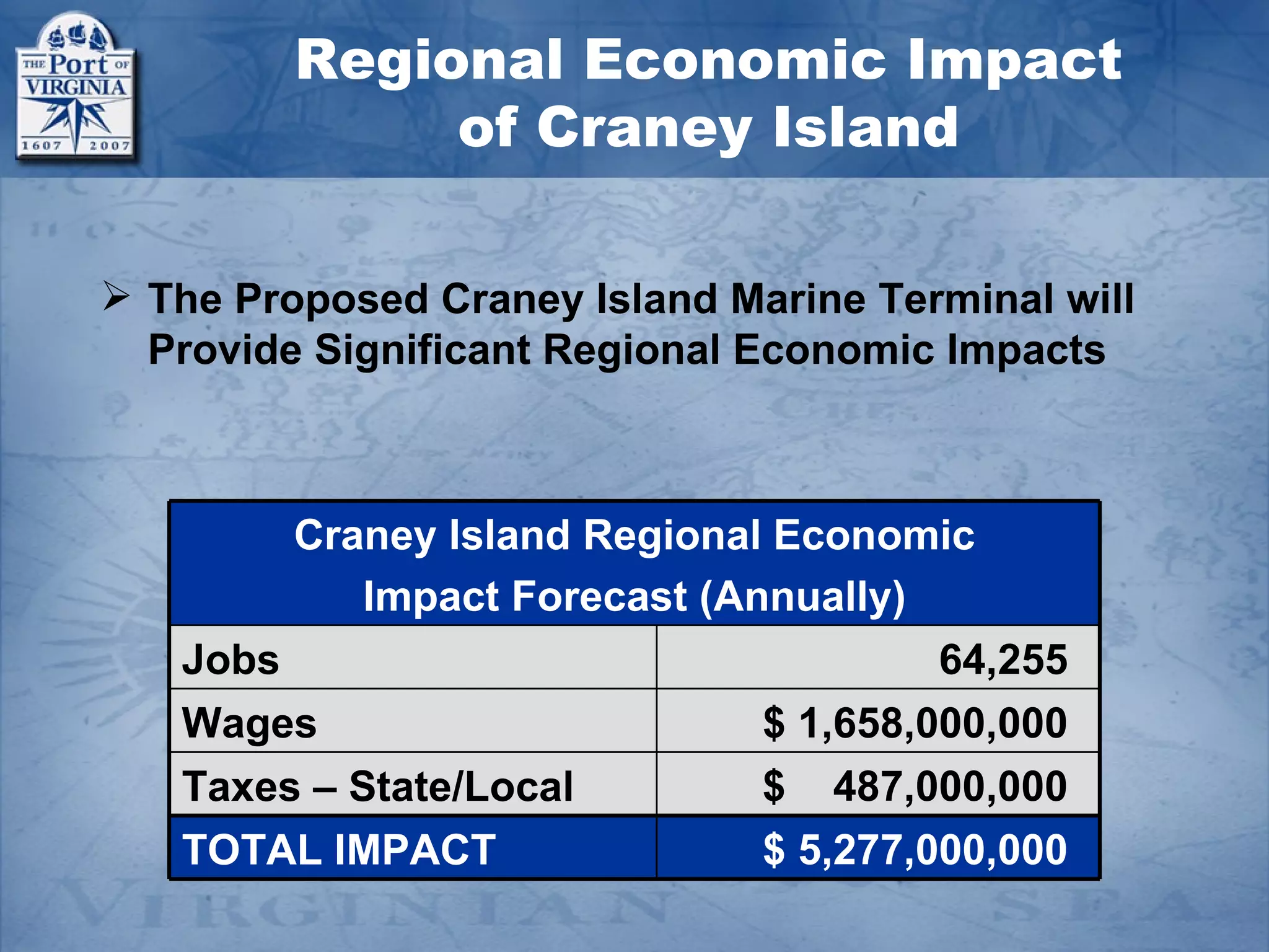 Regional Economic Impact
              of Craney Island

 The Proposed Craney Island Marine Terminal will
  Provide Significant Regional Economic Impacts



        Craney Island Regional Economic
            Impact Forecast (Annually)
   Jobs                                 64,255
   Wages                       $ 1,658,000,000
   Taxes – State/Local         $ 487,000,000
   TOTAL IMPACT                $ 5,277,000,000
 