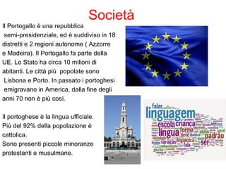 Società
Il Portogallo è una repubblica
semi-presidenziale, ed è suddiviso in 18
distretti e 2 regioni autonome ( Azzorre
e Madeira). Il Portogallo fa parte della
UE. Lo Stato ha circa 10 milioni di
abitanti. Le città più popolate sono
Lisbona e Porto. In passato i portoghesi
emigravano in America, dalla fine degli
anni 70 non è più così.
Il portoghese è la lingua ufficiale.
Più del 92% della popolazione è
cattolica.
Sono presenti piccole minoranze
protestanti e musulmane.
 