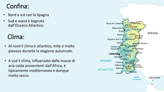 Confina:
• Nord e est con la Spagna
• Sud e ovest è bagnata
dall’Oceano Atlantico
Clima:
• Al nord il clima è atlantico, mite e molto
piovoso durante la stagione autunnale.
• A sud il clima, influenzato dalle masse di
aria calda provenienti dall'Africa, è
tipicamente mediterraneo e dunque
molto secco.
 