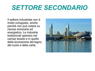 SETTORE SECONDARIO
Il settore industriale non è
molto sviluppato, anche
perchè non può cotare su
risorse minerarie ed
energietico. Le industrie
tradizionali operano nel
campo tessile e in quello
della lavorazione del legno,
del cuoio e della carta.
 