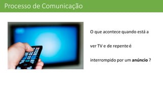 Processo	
  de	
  Comunicação
O	
  que	
  acontece	
  quando	
  está	
  a	
  
ver	
  TV	
  e	
  de	
  repente	
  é	
  
interrompido	
  por	
  um	
  anúncio	
  ?
 