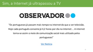 O	
  que	
  diz	
  a	
  Imprensa...
"Os	
  portugueses	
  já	
  passam	
  mais	
  tempo	
  na	
  internet	
  do	
  que	
  a	
  ver	
  televisão.	
  
Hoje	
  cada	
  português	
  consome	
  já	
  4,2	
  horas	
  por	
  dia	
  na	
  internet	
  ...	
  A	
  internet	
  
torna-­‐se	
  assim	
  o	
  meio	
  de	
  comunicação	
  social	
  mais	
  utilizado	
  pelos	
  
portugueses”
Ver	
  Notícia
25
Sim,	
  a	
  Internet	
  já	
  ultrapassou	
  a	
  TV
 