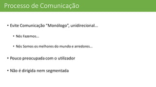 Processo	
  de	
  Comunicação
• Evite	
  Comunicação	
  “Monólogo”,	
  unidirecional...
• Nós	
  Fazemos...
• Nós	
  Somos	
  os	
  melhores	
  do	
  mundo	
  e	
  arredores...
• Pouco	
  preocupada	
  com	
  o	
  utilizador
• Não	
  é	
  dirigida	
  nem	
  segmentada
 