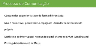 Processo	
  de	
  Comunicação
Consumidor	
  exige	
  ser	
  tratado	
  de	
  forma	
  diferenciada
Não	
  é	
  Permissiva,	
  pois	
  invade	
  o	
  espaço	
  do	
  utilizador	
  sem	
  vontade	
  do	
  
próprio
Marketing	
  de	
  Interrupção,	
  no	
  mundo	
  digital	
  chama-­‐se	
  SPAM (Sending and
Posting Advertisement in	
  Mass)
 