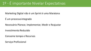 1º	
  -­‐ É	
  importante	
  Nivelar	
  Expectativas
Marketing	
  Digital	
  não	
  é	
  um	
  Sprint	
  é	
  uma	
  Maratona
É	
  um	
  processo	
  integrado
Necessário	
  Planear,	
  Implementar,	
  Medir	
  e	
  Reajustar
Investimento	
  Reduzido
Consome	
  tempo	
  e	
  Recursos
Serviço	
  Profissional
 