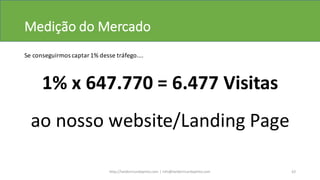 Medição	
  do	
  Mercado
Se	
  conseguirmos	
  captar	
  1%	
  desse	
  tráfego....
1%	
  x 647.770	
  =	
  6.477	
  Visitas
ao	
  nosso	
  website/Landing Page
http://helderricardopinto.com	
  |	
  info@helderricardopinto.com 62
 