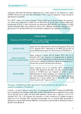 ripartizione decennale del beneficio (attenzione che si tratta sempre di una detrazione a valere
sull’IRPEF dovuta anno per anno dal contribuente e che in caso di incapienza il rateo annuale di
agevolazione va perduto).
Per il 2017, invece, non è stato prorogato il “bonus mobili” per le giovani coppie che acquistano
una “prima casa” (attenzione a quella che è la definizione di “prima casa”), a favore delle quali,
limitatamente al 2016, è stata riconosciuta una detrazione IRPEF del 50% per l’acquisto di mobili
destinati all’arredo della nuova abitazione “prima casa”, effettuato nel periodo compreso tra il 1°
gennaio ed i l 31 dicembre 2016, per un ammontare complessivo non superiore a 16.000 euro.
BONUS EDILIZIA
Detrazione ai fini IRPEF del 50% per il recupero del patrimonio edilizio esistente (di cui
all’articolo 16-bis TUIR)
BONUS LAVORI
Spese che sono state sostenute a partire dal 26 giugno 2012 sino
al 31 dicembre 2017: detrazione ai fini IRPEF pari al 50% di
quanto effettivamente speso sino all’ammontare di 96.000 euro.
BONUS ACQUISTO
ABITAZIONI RISTRUTTURATE
Spese sostenute a partire dal 26 giugno 2012 sino al 31
dicembre 2017 per l’acquisto (o l’assegnazione) di abitazioni
situate in immobili integralmente ristrutturati da parte di imprese di
costruzione (o cooperative edilizie) e cedute (o assegnate) entro i
diciotto mesi successivi all’ultimazione dei lavori
BONUS MOBILI
Spese sostenute sino al 31 dicembre 2017. l’agevolazione
consiste nella detrazione del 50%, sino alla concorrenza della
somma di 10.000 euro, per l’acquisto di mobili e grandi
elettrodomestici di classe energetica non inferiore da “A+” (“A”
per i forni) destinati all’arredo dell’abitazione oggetto dei lavori
agevolati con il “bonus edilizia” (di cui all’articolo 16-bis TUIR)
iniziati a partire dal 1° gennaio 2016.
PPrroorrooggaa ee rriimmoodduullaazziioonnee ddeellllee aaggeevvoollaazziioonnii ffiissccaallii pprreevviissttee ppeerr ggllii iinntteerrvveennttii ddii
rriissppaarrmmiioo eenneerrggeettiiccoo ((““EEccoobboonnuuss””))
L’articolo 1, comma 2, lettera a, numeri da 1 a 3 proroga per tutto il 2017 la detrazione IRPEF/IRES
per la riqualificazione energetica degli edifici esistenti: tale agevolazione si applicherà ancora nella
misura del 65% per le spese che siano state sostenute a partire dal 1° gennaio e sino al 31
dicembre 2017. Per i soli interventi che riguardino un intero condominio la suddetta proroga è
estesa fino al 31 dicembre 2021 (proroga quinquennale), con un aumento della percentuale di
detrazione in ragione dell’intervento effettuato. In particolare, la percentuale di detrazione ordinaria
del 65% viene elevata al:
3
 