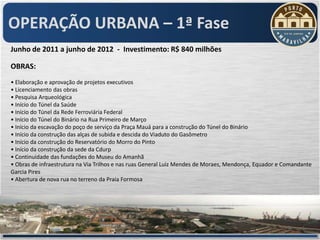 OPERAÇÃO URBANA – 1ª Fase
Junho de 2011 a junho de 2012 - Investimento: R$ 840 milhões

OBRAS:
• Elaboração e aprovação de projetos executivos
• Licenciamento das obras
• Pesquisa Arqueológica
• Início do Túnel da Saúde
• Início do Túnel da Rede Ferroviária Federal
• Início do Túnel do Binário na Rua Primeiro de Março
• Início da escavação do poço de serviço da Praça Mauá para a construção do Túnel do Binário
• Início da construção das alças de subida e descida do Viaduto do Gasômetro
• Início da construção do Reservatório do Morro do Pinto
• Início da construção da sede da Cdurp
• Continuidade das fundações do Museu do Amanhã
• Obras de infraestrutura na Via Trilhos e nas ruas General Luiz Mendes de Moraes, Mendonça, Equador e Comandante
Garcia Pires
• Abertura de nova rua no terreno da Praia Formosa
 