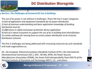 Barriers: The Challenges of Increased DC Use in Buildings
The use of dc power is not without it challenges. These fall into 5 major categories:
1) lack of application and equipment standards for dc power distribution
2) lack of common understanding and basic application knowledge of building
distribution-level dc
3) differences in safety and power protection device application
4) lack of a robust ecosystem to support the use of dc in building-level electrification
5) unclear pathway for moving from ac-centric power distribution to dc-inclusive
distribution schemes.
The first 3 challenges are being addressed with increasing resources by such standards
and trade organizations as:
EA , the European Telecommunications Standards Institute (ETSI ), the International
Electrotechnical Commission (IEC ), IEEE , NE MA, NFPA, the Power Sources
Manufacturers Association (PSMA), the Smart Grid Interoperability Panel (SGI P) of the
National Institute of Standards and Technology (NIST ), UL , and others.
34Microgrid Research Programme – ET – AAU
 