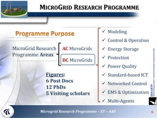 MicroGrid Research
Programme Areas
AC MicroGrids
DC MicroGrids
 Modeling
 Control & Operation
 Energy Storage
 Protection
 Power Quality
 Standard-based ICT
 Networked Control
 EMS & Optimization
 Multi-Agents
MICROGRID RESEARCH PROGRAMME
6
Microgrid Research Programme – ET – AAU 6
Figures:
6 Post Docs
12 PhDs
5 Visiting scholars
 