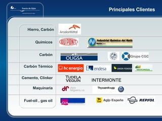 Principales Clientes Fuel-oil , gas oil Maquinaria Cemento, Clinker Carbón Térmico Carbón Químicos Hierro, Carbón Tudela Veguín INTERMONTE 