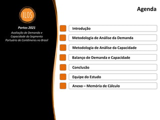 Portos 2021 – Avaliação de Demanda e Capacidade do Segmento Portuário de Contêineres no Brasil 2
Agenda
Metodologia de Análise da Demanda
Balanço de Demanda e Capacidade
Metodologia de Análise da Capacidade
Portos 2021
Avaliação de Demanda e
Capacidade do Segmento
Portuário de Contêineres no Brasil
Introdução
Conclusão
Equipe do Estudo
Anexo – Memória de Cálculo
 