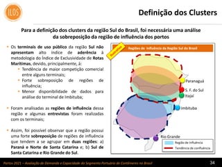 Portos 2021 – Avaliação de Demanda e Capacidade do Segmento Portuário de Contêineres no Brasil 34
Regiões de Influência da Região Sul do Brasil
Definição dos Clusters
Para a definição dos clusters da região Sul do Brasil, foi necessária uma análise
da sobreposição da região de influência dos portos
Rio Grande
Imbituba
Paranaguá
Itajaí
S. F. do Sul
Região de Influência
Tendência de confluência
 Os terminais de uso público da região Sul não
apresentam alto índice de aderência à
metodologia do Índice de Exclusividade de Rotas
Marítimas, devido, principalmente, à:
 Tendência de maior competição comercial
entre alguns terminais;
 Forte sobreposição de regiões de
influência;
 Menor disponibilidade de dados para
análise do terminal de Imbituba;
 Foram analisadas as regiões de influência dessa
região e algumas entrevistas foram realizadas
com os terminais;
 Assim, foi possível observar que a região possui
uma forte sobreposição de regiões de influência
que tendem a se agrupar em duas regiões: a)
Paraná e Norte de Santa Catarina e; b) Sul de
Santa Catarina e Rio Grande do Sul.
 