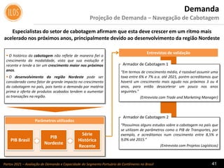 Portos 2021 – Avaliação de Demanda e Capacidade do Segmento Portuário de Contêineres no Brasil 41
Especialistas do setor de cabotagem afirmam que esta deve crescer em um ritmo mais
acelerado nos próximos anos, principalmente devido ao desenvolvimento da região Nordeste
Demanda
Projeção de Demanda – Navegação de Cabotagem
 O histórico da cabotagem não reflete de maneira fiel o
crescimento da modalidade, visto que sua evolução é
recente e tende a ter um crescimento maior nos próximos
anos.
 O desenvolvimento da região Nordeste pode ser
considerado como fator de grande impacto no crescimento
da cabotagem no país, pois tanto a demanda por matéria
prima e oferta de produtos acabados tendem a aumentar
as transações na região.
“Em termos de crescimento médio, é razoável assumir uma
taxa entre 6% e 7% a.a. até 2021, porém acreditamos que
haverá um crescimento mais agudo nos próximos 3 ou 4
anos, para então desacelerar um pouco nos anos
seguintes.”
(Entrevista com Trade and Marketing Manager)
“Possuímos alguns estudos sobre a cabotagem no país que
se utilizam de parâmetros como o PIB de Transportes, por
exemplo, e acreditamos num crescimento entre 8,5% e
9,0% até 2015.”
(Entrevista com Projetos Logísticos)
Entrevistas de validação
Parâmetros utilizados
PIB Brasil
PIB
Nordeste
Série
Histórica
Recente
Armador de Cabotagem 2
Armador de Cabotagem 1
 