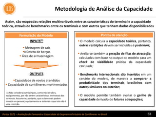 Portos 2021 – Avaliação de Demanda e Capacidade do Segmento Portuário de Contêineres no Brasil 53
Formulação do Modelo
Assim, são mapeadas relações multivariáveis entre as características do terminal e a capacidade
teórica, através de benchmarks entre os terminais e com outros que tenham dados disponibilizados
INPUTS(1)
 Metragem de cais
Número de berços
 Área de armazenagem
OUTPUTS
Capacidade de navios atendidos
 Capacidade de contêineres movimentados
Pontos de atenção
(1) Não considera outros inputs, como mão de obra,
equipamentos, por não serem características intrínsecas dos
terminais. Assume-se, portanto, que os terminais podem
investir em pessoal, equipamentos e sistemas e que isto não é
uma restrição.
Metodologia de Análise da Capacidade
 O modelo calcula a capacidade teórica, portanto,
outras restrições devem ser incluídas a posteriori;
 Avalia-se também a geração de filas de atracação,
calculadas com base no output do modelo para um
check de viabilidade prática da capacidade
calculada;
 Benchmarks internacionais são inseridos em um
cenário do modelo, de maneira a comparar a
produtividade dos terminais brasileiros com
outros similares no exterior;
 O modelo permite também avaliar o ganho de
capacidade derivado de futuras adequações;
 
