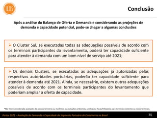 Portos 2021 – Avaliação de Demanda e Capacidade do Segmento Portuário de Contêineres no Brasil 75
Conclusão
 O Cluster Sul, se executadas todas as adequações possíveis de acordo com
os terminais participantes do levantamento, poderá ter capacidade suficiente
para atender à demanda com um bom nível de serviço até 2021;
 Os demais Clusters, se executadas as adequações já autorizadas pelas
respectivas autoridades portuárias, poderão ter capacidade suficiente para
atender à demanda até 2021. Ainda, se necessário, existem outras adequações
possíveis de acordo com os terminais participantes do levantamento que
poderiam ampliar a oferta de capacidade.
Após a análise do Balanço de Oferta e Demanda e considerando as projeções de
demanda e capacidade potencial, pode-se chegar a algumas conclusões
*Não foram consideradas avaliações de acessos terrestres ou marítimos ou avaliações ambientais, jurídicas ou fiscais/tributárias para terminais existentes ou novos terminais.
 