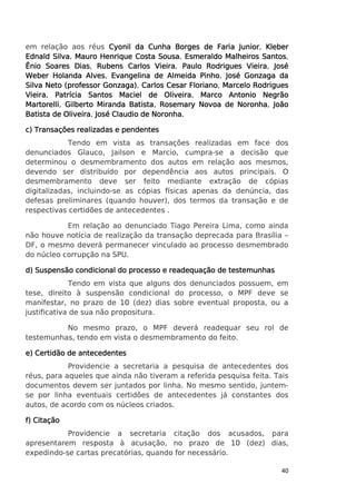 em relação aos réus Cyonil da Cunha Borges de Faria Junior Kleber
Junior,
Silva,
Sousa,
Santos,
Ednald Silva Mauro Henrique Costa Sousa Esmeraldo Malheiros Santos
Dias,
Vieira,
Vieira,
Ênio Soares Dias Rubens Carlos Vieira Paulo Rodrigues Vieira José
Alves,
Pinho,
Weber Holanda Alves Evangelina de Almeida Pinho José Gonzaga da
Gonzaga),
Floriano,
Silva Neto (professor Gonzaga) Carlos Cesar Floriano Marcelo Rodrigues
Vieira,
Oliveira,
Vieira Patrícia Santos Maciel de Oliveira Marco Antonio Negrão
Martorelli,
Batista,
Noronha,
Martorelli Gilberto Miranda Batista Rosemary Novoa de Noronha João
Oliveira,
Noronha.
Batista de Oliveira José Claudio de Noronha.
c) Transações realizadas e pendentes
Tendo em vista as transações realizadas em face dos
denunciados Glauco, Jailson e Marcio, cumpra-se a decisão que
determinou o desmembramento dos autos em relação aos mesmos,
devendo ser distribuído por dependência aos autos principais. O
desmembramento deve ser feito mediante extração de cópias
digitalizadas, incluindo-se as cópias físicas apenas da denúncia, das
defesas preliminares (quando houver), dos termos da transação e de
respectivas certidões de antecedentes .
Em relação ao denunciado Tiago Pereira Lima, como ainda
não houve notícia de realização da transação deprecada para Brasília –
DF, o mesmo deverá permanecer vinculado ao processo desmembrado
do núcleo corrupção na SPU.
d) Suspensão condicional do processo e readequação de testemunhas
Tendo em vista que alguns dos denunciados possuem, em
tese, direito à suspensão condicional do processo, o MPF deve se
manifestar, no prazo de 10 (dez) dias sobre eventual proposta, ou a
justificativa de sua não propositura.
No mesmo prazo, o MPF deverá readequar seu rol de
testemunhas, tendo em vista o desmembramento do feito.
e) Certidão de antecedentes
Providencie a secretaria a pesquisa de antecedentes dos
réus, para aqueles que ainda não tiveram a referida pesquisa feita. Tais
documentos devem ser juntados por linha. No mesmo sentido, juntemse por linha eventuais certidões de antecedentes já constantes dos
autos, de acordo com os núcleos criados.
f) Citação
Providencie a secretaria citação dos acusados, para
apresentarem resposta à acusação, no prazo de 10 (dez) dias,
expedindo-se cartas precatórias, quando for necessário.
40

 