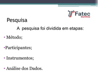 A pesquisa foi dividida em etapas:
Pesquisa
• Método;
•Participantes;
• Instrumentos;
• Análise dos Dados.
 