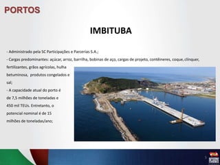 PORTOS
IMBITUBA
- Administrado pela SC Participações e Parcerias S.A.;
- Cargas predominantes: açúcar, arroz, barrilha, bobinas de aço, cargas de projeto, contêineres, coque,clínquer,
fertilizantes, grãos agrícolas, hulha
betuminosa, produtos congelados e
sal;
- A capacidade atual do porto é
de 7,5 milhões de toneladas e
450 mil TEUs. Entretanto, o
potencial nominal é de 15
milhões de toneladas/ano;
5
 