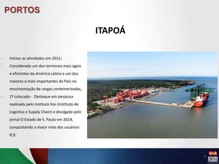 PORTOS
ITAPOÁ
9
- Iniciou as atividades em 2011;
- Considerado um dos terminais mais ágeis
e eficientes da América Latina e um dos
maiores e mais importantes do País na
movimentação de cargas conteinerizadas;
- 1º colocado - Destaque em pesquisa
realizada pelo Instituto Ilos (Instituto de
Logística e Supply Chain) e divulgada pelo
jornal O Estado de S. Paulo em 2014,
conquistando a maior nota dos usuários:
8,9;
 