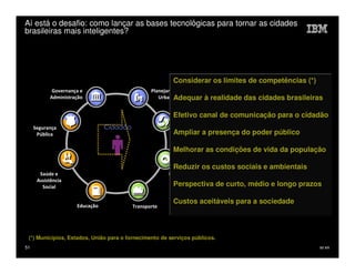 Aí está o desafio: como lançar as bases tecnológicas para tornar as cidades
brasileiras mais inteligentes?




                                                        Considerar os limites de competências (*)
            Governança e                         Planejamento
           Administração                                 Adequar
                                                    Urbano              à realidade das cidades brasileiras
                                                                                          S pecific
                                                        Efetivo canal de comunicação para o cidadão
     Segurança                  Cidadão                  Meio Ambiente                    M easurable
                                                        Ampliar a presença do poder público
      Pública

                                                                                  A da população
                                                        Melhorar as condições de vidattainable

                                                        Reduzir os custos sociais e R ealistic
                                                                                    ambientais
       Saúde e                                         Energia e Água
                                                        Perspectiva de curto, médioT longo prazos
      Assistência
        Social                                                                     e imely

                                                        Custos aceitáveis para a sociedade
                     Educação             Transporte




 (*) Municípios, Estados, União para o fornecimento de serviços públicos.
51                                                                                                        IM AR
 
