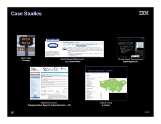 Case Studies




     Open Data
                                           Social Media/Collaboration                                  Crowd-based Development
      Chicago
                                               US Government                                               Washington DC



                                                                        “Vote for your park”, London




                        Digital Discussion                                            Digital Voting
           Transportation Security Administration – US                                  London


57                                                                                                                               IM AR
57
 