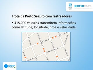 Frota da Porto Seguro com rastreadores
• 415.000 veículos transmitem informações
como latitude, longitude, proa e velocidade;
 