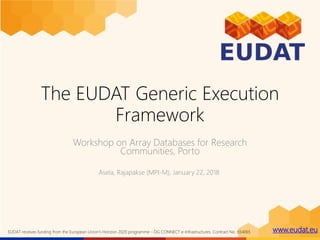 www.eudat.euEUDAT receives funding from the European Union's Horizon 2020 programme - DG CONNECT e-Infrastructures. Contract No. 654065
The EUDAT Generic Execution
Framework
Workshop on Array Databases for Research
Communities, Porto
Asela, Rajapakse (MPI-M), January 22, 2018
 