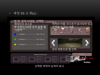 • 게임 UI 소개(1) :
팀 색, 유저 닉네임, 선택한
캐릭터의 코스트
맨 왼쪽의 X버튼 유저 슬롯 열
기/닫기
캐릭터 이름, 코스트가 표시되어 있고
선택할 수 있는 버튼
좌우 버튼으로 맵 선택
선택한 캐릭터 능력치 표시
게임 시작 버튼
 