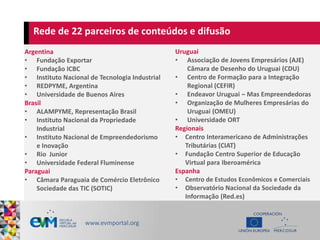 Rede de 22 parceiros de conteúdos e difusão
Argentina
• Fundação Exportar
• Fundação ICBC
• Instituto Nacional de Tecnolog...