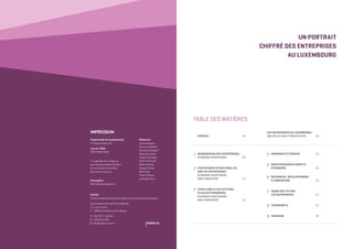 Rédaction
Lucia Gargano
Héctor Candelas
Georges Zangerlé
Mike Hartmann
Thibaut Di Fabio
Alain Hoffmann
Gilles Genson
Sergiu Parvan
Bob Jung
Frank Hansen
Leïla Ben Aoun
STATEC
Institut national de la statistique et des études économiques
Centre Administratif Pierre Werner
13, rue Erasme
L - 1468 Luxembourg-Kirchberg
T	 +352 247 - 84219
F	 +352 46 42 89
E	 info@statec.etat.lu statec.lu
–
UN PORTRAIT
CHIFFRÉ DES ENTREPRISES
AU LUXEMBOURG
TABLE DES MATIÈRES
PRÉFACE											04
LES ENTREPRISES AU LUXEMBOURG :
UNE SÉLECTION D’INDICATEURS	 			06	
_1	 DÉMOGRAPHIE DES ENTREPRISES :
ÉCONOMIE MARCHANDE						09
_2	 STATISTIQUES STRUCTURELLES
SUR LES ENTREPRISES :
ÉCONOMIE MARCHANDE
NON FINANCIÈRE								 15
_3	 STRUCTURE ET ACTIVITÉ DES
FILIALES ÉTRANGÈRES :
ÉCONOMIE MARCHANDE
NON FINANCIÈRE								 21
_4	COMMERCE EXTÉRIEUR						25
_5	 INVESTISSEMENTS DIRECTS
ÉTRANGERS										29
_6	 RECHERCHE, DÉVELOPPEMENT
ET INNOVATION									33
_7	 USAGE DES TIC PAR
LES ENTREPRISES								37
_8	TRANSPORTS									41
_9	TOURISME										49
IMPRESSUM
Responsable de la publication
Dr Serge Allegrezza
Janvier 2020
ISSN 2658-963X
La reproduction totale ou
partielle du présent bulletin
est autorisée à condition
d’en citer la source.
Conception
MEFA Medienfabrik S.A.
 