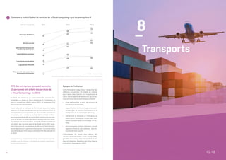 40
En 2018, une entreprise sur quatre achète des services d’in-
formatique en nuage (« Cloud Computing »). L’utilisation de
ceux-ci a quasiment doublé depuis 2014, où seulement 13%
des entreprises s’en servaient.
Parmi celles-ci, le stockage de fichiers est le service le plus
répandu, utilisé par plus de sept entreprises sur dix en 2018. Le
deuxième service le plus acheté, par deux tiers des entreprises
concernées, est le service de courriel, dont le nombre d’utilisa-
teurs a augmenté de 43% en 4 ans. Mais l’évolution la plus mar-
quée en termes de nombre de clients est observée pour le ser-
vice de logiciels de bureautique : en 2018, 57% des entreprises
ont acheté des services payants de Cloud contre 32% seule-
ment 4 ans plus tôt. La puissance de calcul pour faire fonction-
ner les logiciels est le service le moins acheté. Il a tout de même
augmenté depuis 2014 jusqu’à atteindre 24% des entreprises
en 2018.
À propos de l’indicateur
L’informatique en nuage (cloud computing) fait
référence aux services TIC utilisés sur internet
pour l’accès à des logiciels, à de la puissance de
calcul, à de la capacité de mémoire etc., où les ser-
vices ont toutes les caractéristiques suivantes :
–	 mise à disposition à partir de serveurs de
fournisseurs de services ;
–	 capacité d’être facilement augmentés ou di-
minués (p.ex. le nombre d’utilisateurs ou le
changement de la capacité de mémoire) ;
–	 utilisation à la demande de l’utilisateur, au
moins après l’installation initiale (sans inte-
raction humaine avec le fournisseur de ser-
vice) ;
–	 services payants, soit par utilisateur, soit par
capacité utilisée ou sont prépayés. Sont ex-
clus les services gratuits.
L’informatique en nuage peut inclure des
connexions via les réseaux privés virtuels (VPN).
(cf. OECD et Eurostat, «Oslo Manual 2018: Guide-
lines for Collecting, Reporting and Using Data on
Innovation», 4ème édition, 2018)
Les données sur l’utilisation des TIC par les entreprises sont dis-
ponibles dans la rubrique « Economie et société numériques »
du site web d’Eurostat.
18 	 Comment a évolué l’achat de services de « Cloud computing » par les entreprises ?
Source : STATEC, E-Business, 2018.
Lien Internet du tableau : Tableau isoc_cicce_use, Utilisation des services de cloud computing.
25% des entreprises occupant au moins
10 personnes ont acheté des services de
« Cloud Computing » en 2018.
Stockage de fichiers
Logiciels de comptabilité
Logiciels de GRC/CRM
Service courriel
Hébergement de bases de
données de l’entreprise
Logiciels de bureautique
Entreprises (en %)
Puissance de calcul pour faire
fonctionner les logiciels
61
46
41
32
14
73
66
57
53
24
69
64
51
47
24
2014 2016 2018
19
29
30
18
28
8
–
Transports	
41-48
 