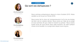 2À PROPOS
#PortraitDeStartuper
Qui sont ces startupeuses ?
Co-fondatrice
Julie Dolon
Nous sommes entrepreneurs depuis le m...
