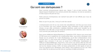 2À PROPOS
#PortraitDeStartuper
Qui sont ces startupeuses ?
Co-fondatrice
Clara Baglione
Nous sommes entrepreneuses depuis ...
