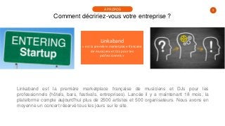 3
Comment décririez-vous votre entreprise ?
À PROPOS
Linkaband
« est la première marketplace française
de musiciens et DJs...